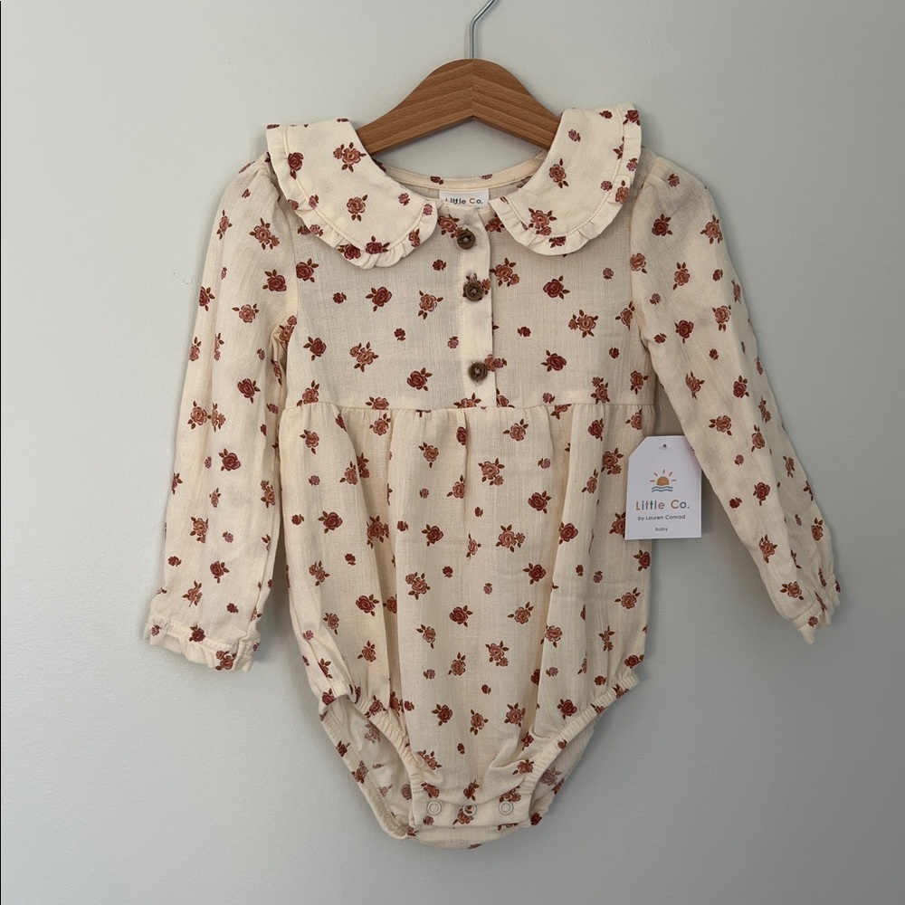 Little Co. Cream Floral Long-Sleeve Bodysuit with Peter Pan Collar NWT Size 24M